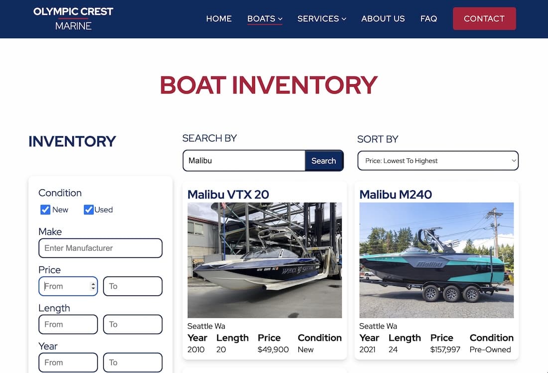 Screen shot of Brock Dallman's Olympic Crest Marine website